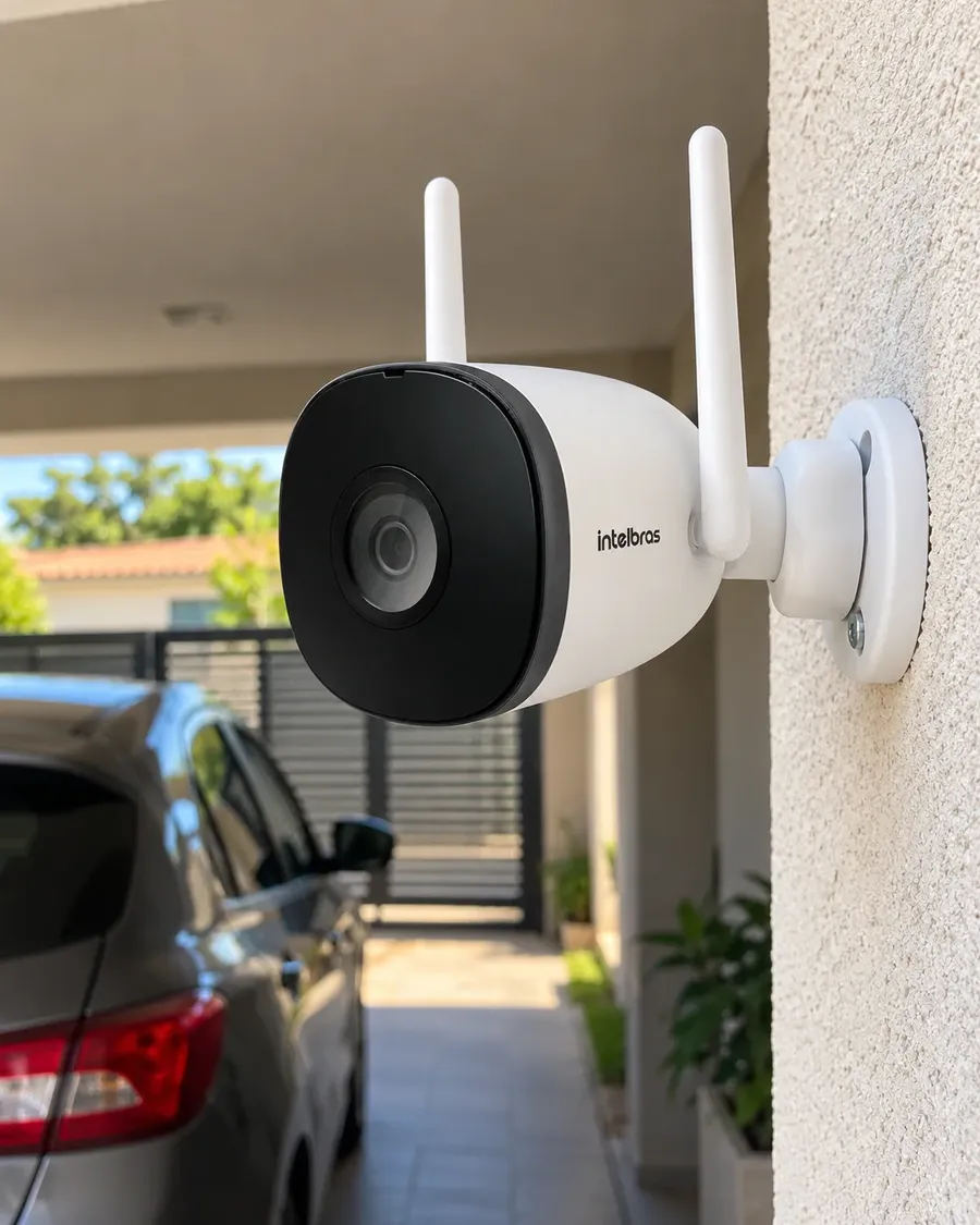 Intelbras iM5 SC fixada na parede da garagem, com um carro estacionado
