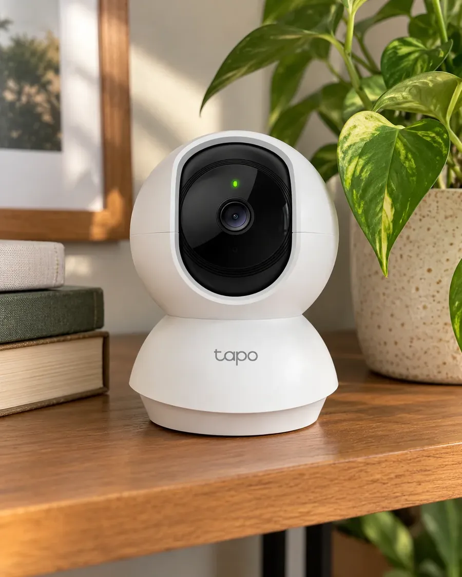 Tapo C200 branca numa prateleira da sala, entre livros e um vaso de planta