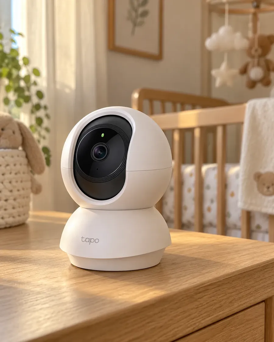 Tapo C210 em cima da cômoda do quarto do bebê, com o berço ao fundo