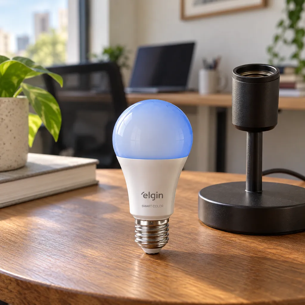 Lâmpada Elgin Smart Color de 10 W em pé na mesa, ao lado do soquete de uma luminária